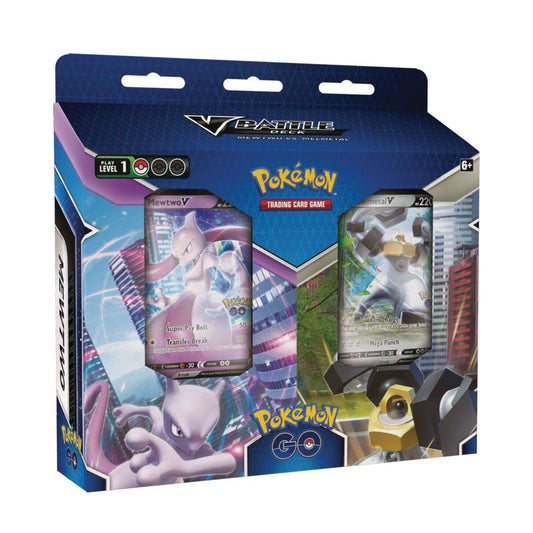 Pokemon GO V Battle Deck Mewtwo V vs Melmetal V with two pokemon card decks for the pokemon trading card game.