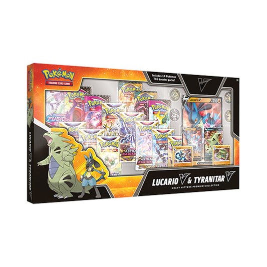 Pokemon TCG Heavy Hitters Premium Collection featuring Lucario V, Tyranitar V, booster packs, oversized card, and metallic coins.