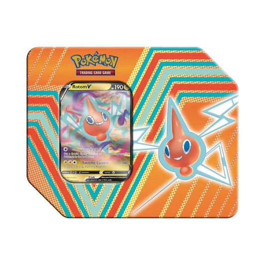 Pokemon TCG Hidden Potential Tin Rotom V sealed tin with pokemon card packs for collectible card games.