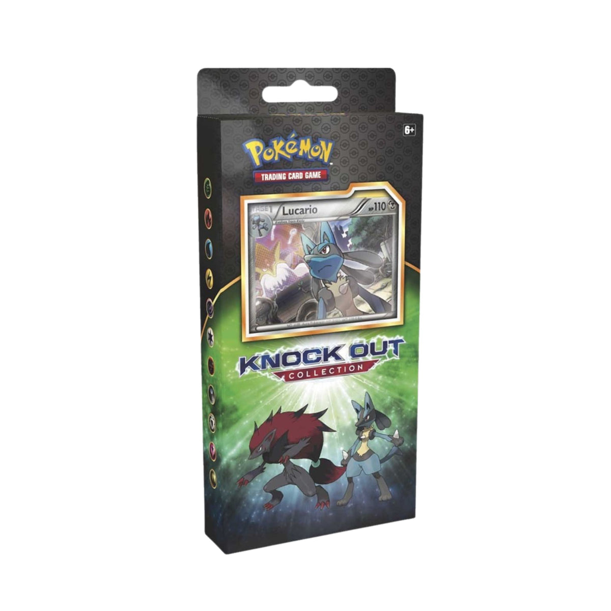 Pokémon TCG Knock Out Collection box featuring Lucario on the foil card display and Lucario and Zoroark artwork, with Bisharp shown on the package