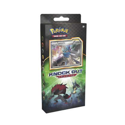 Pokémon TCG Knock Out Collection box featuring Lucario on the foil card display and Lucario and Zoroark artwork, with Bisharp shown on the package
