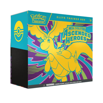 Pokemon Mega Evolution Ascended Heroes Elite Trainer Box with booster packs and accessories.