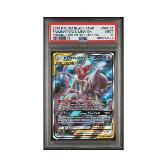 Pokemon Mewtwo and Mew GX Promo PSA 9 graded trading card.