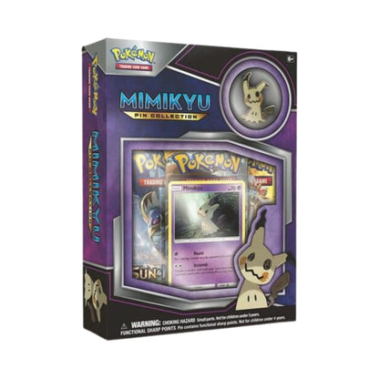 Pokemon Mimikyu Pin Collection box featuring foil promo card, collector Mimikyu pin, and booster packs.