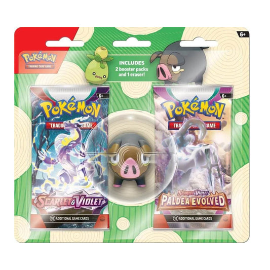 Pokemon TCG Scarlet and Violet Paldea Evolved Back to School Eraser Blister with Pokemon booster pack and collectible eraser.