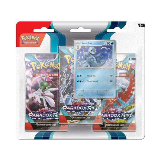 Pokemon TCG Paradox Rift 3 pack blister Arctibax promo card with booster packs.