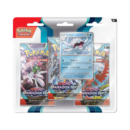 Pokemon TCG Paradox Rift 3 pack blister Cetitan with promo card and booster packs.