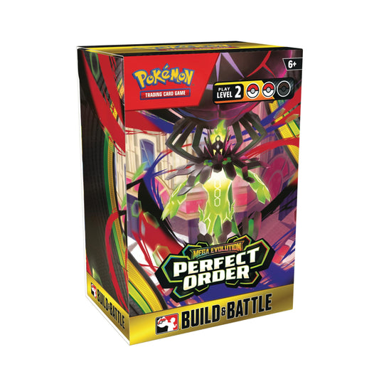 Pokemon TCG Mega Evolution Perfect Order Build and Battle box with cards and packs.