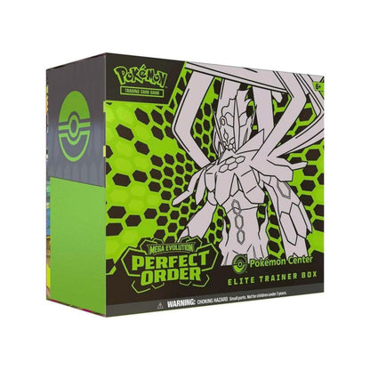 Pokemon Center Elite Trainer Box Mega Evolution ME3 with booster packs sleeves dice and accessories.