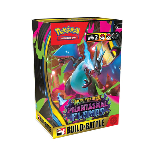 Pokemon TCG Mega Evolution Phantasmal Flames Build and Battle box with trading cards.