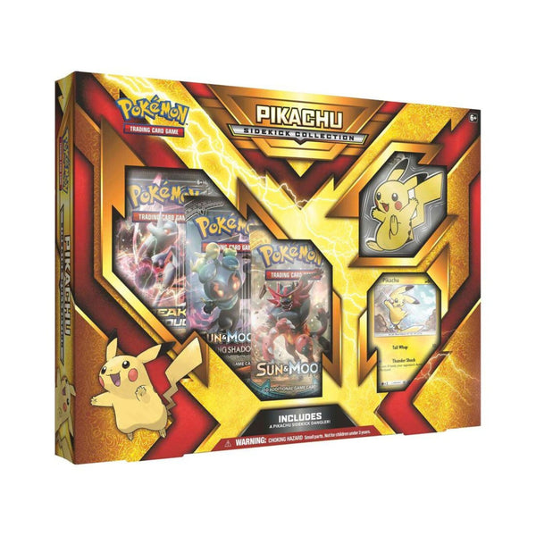 Pokemon TCG Pikachu Sidekick Collection Box with promo card, Pikachu dangler, and three booster packs.