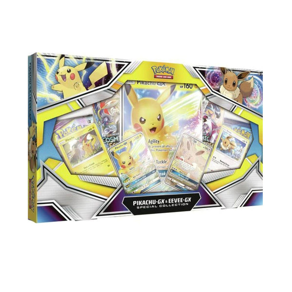 Pokemon TCG Pikachu GX and Eevee GX Special Collection Box with foil cards and four booster packs.