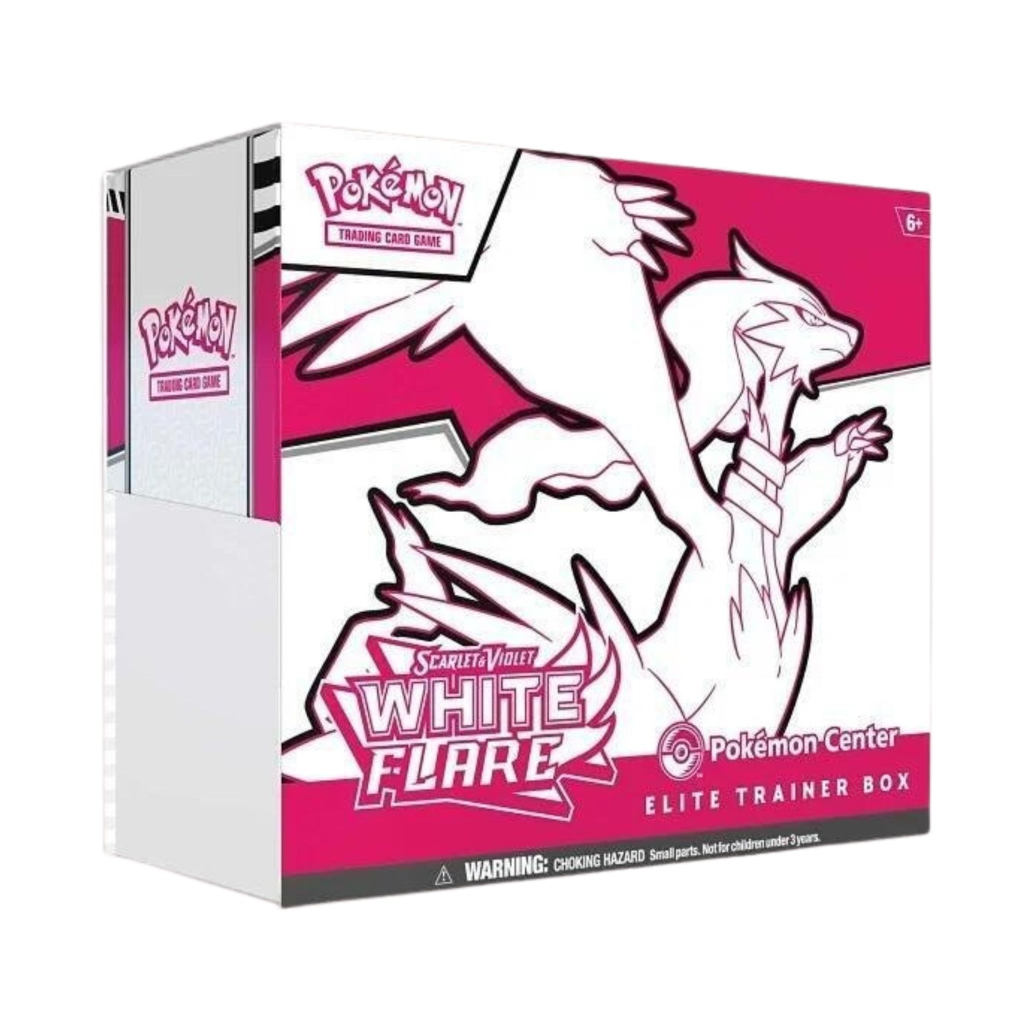 Pokémon TCG Pokémon Center SV White Flare Elite Trainer Box ETB with booster packs, sleeves, and dice.