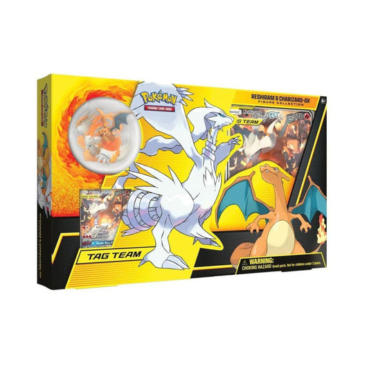 Pokemon TCG Reshiram and Charizard GX Figure Collection Box with figure, foil cards, and four booster packs.