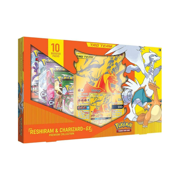 Pokemon TCG Reshiram and Charizard GX Premium Collection Box with gold foil cards and ten booster packs.
