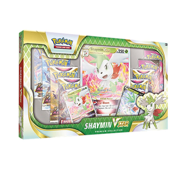 Pokemon TCG Shaymin VSTAR Premium Collection Box with foil cards and eight booster packs.