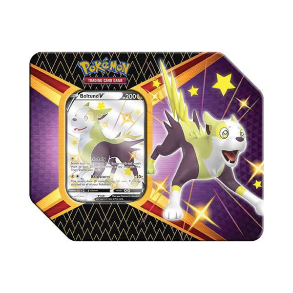 Pokemon TCG Shining Fates Boltund V tin with booster packs and promo card.
