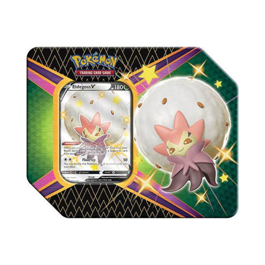 Pokemon TCG Shining Fates Eldegoss V tin with booster packs and promo card.