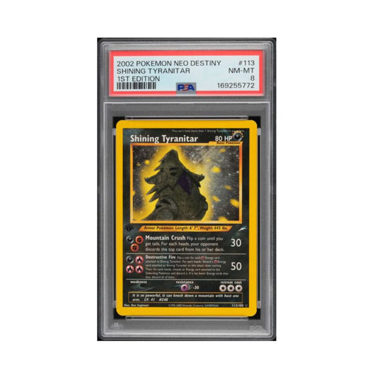 Pokemon Shining Tyranitar 1st Edition trading card graded PSA 8 in its PSA holder.