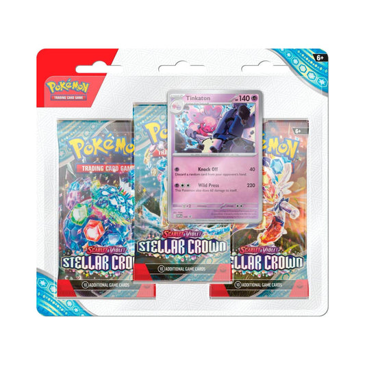 Pokemon TCG Stellar Crown 3 pack blister Tinkaton promo card with three booster packs.