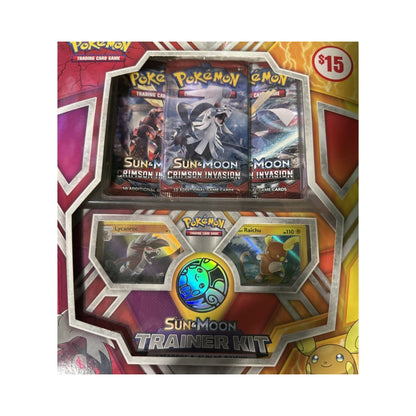 Pokemon Sun & Moon Trainer Kit Promo Box with two 30-card decks, foil cards, playmat, coin, and accessories.