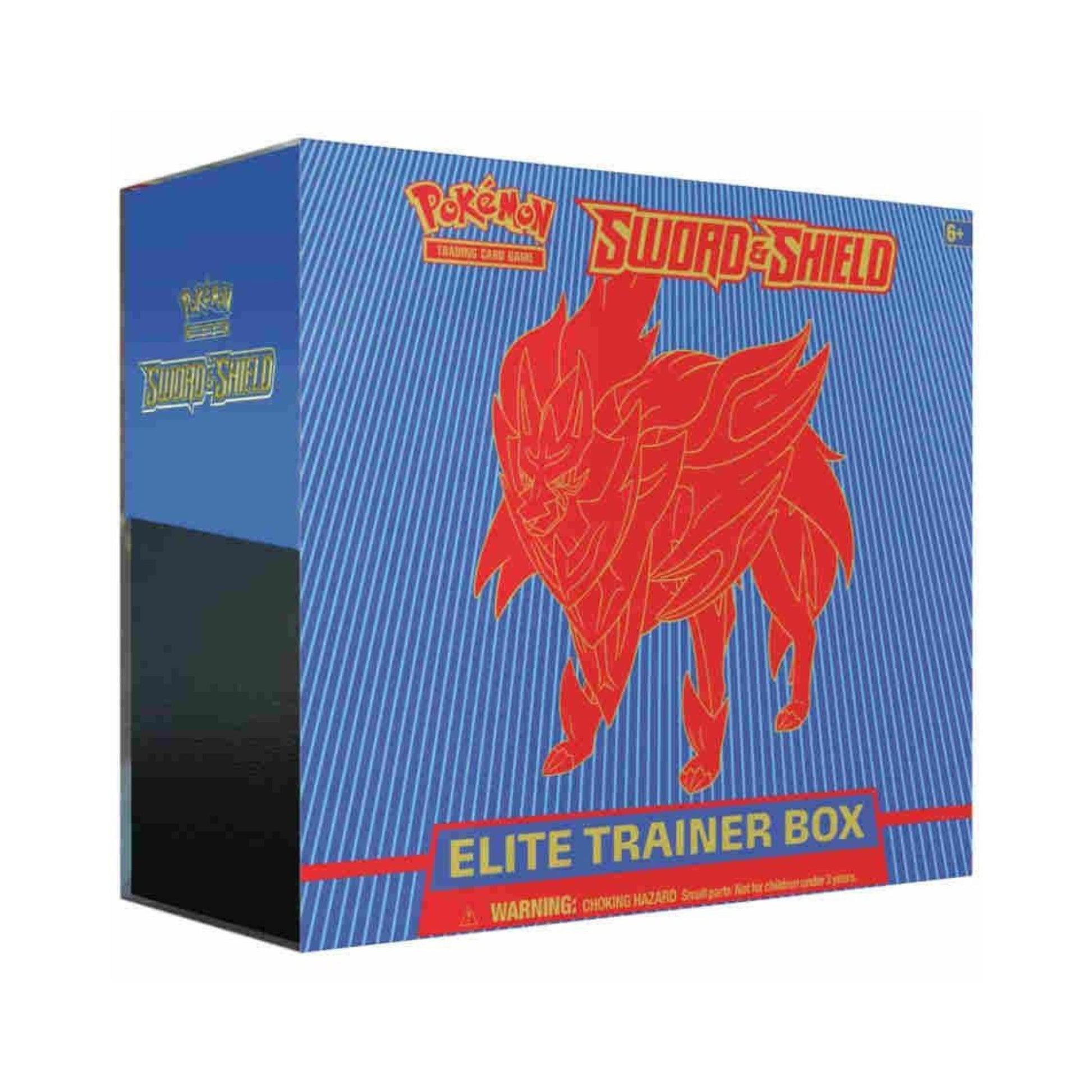 Pokemon TCG Sword and Shield Zamazenta Elite Trainer Box blue with booster packs accessories.