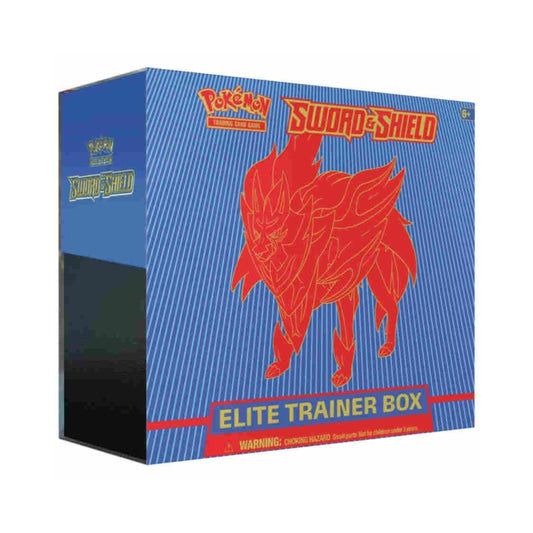 Pokemon TCG Sword and Shield Zamazenta Elite Trainer Box blue with booster packs accessories.