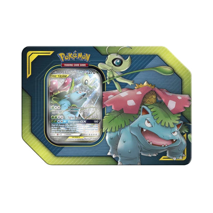 Pokemon Tag Team Tin Celebi and Venusaur GX with foil card, booster packs, and metal GX marker.