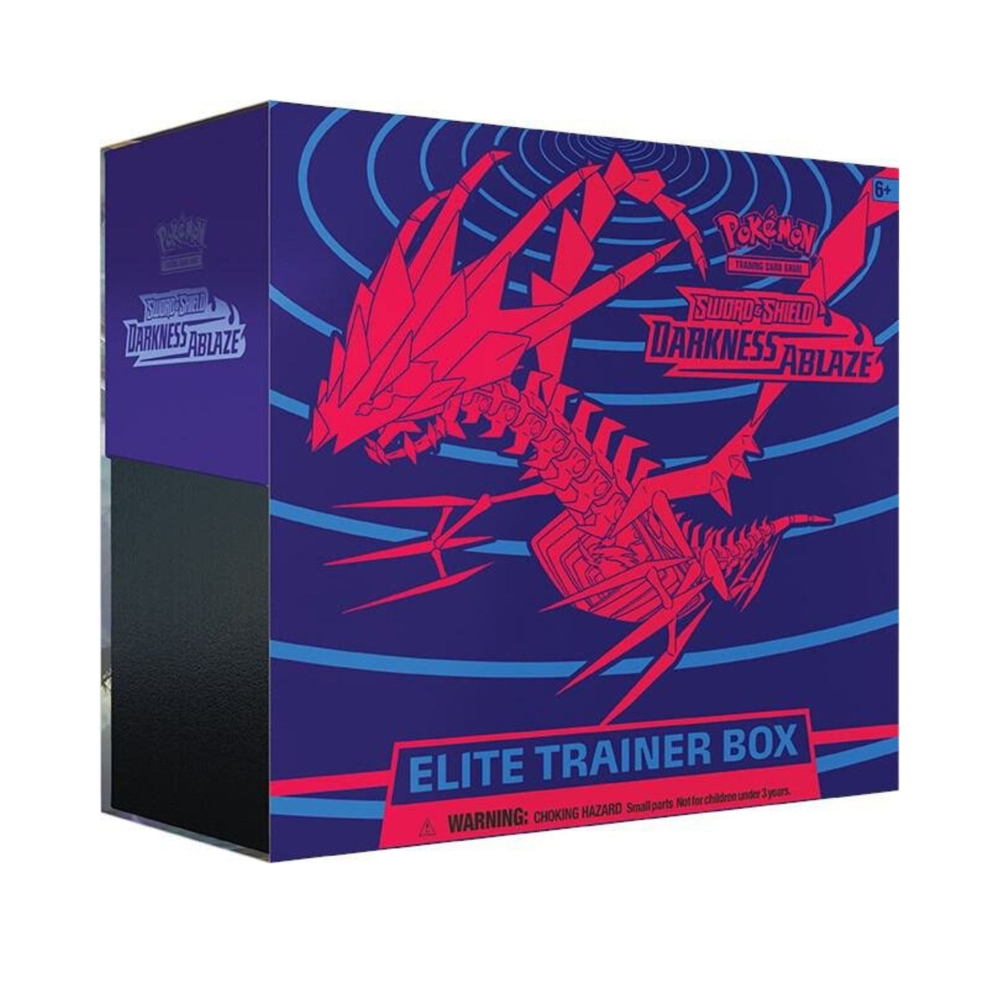 Pokemon TCG Sword and Shield Darkness Ablaze Elite Trainer Box with booster packs, card sleeves, dice, and storage box for pokemon card game and card collection