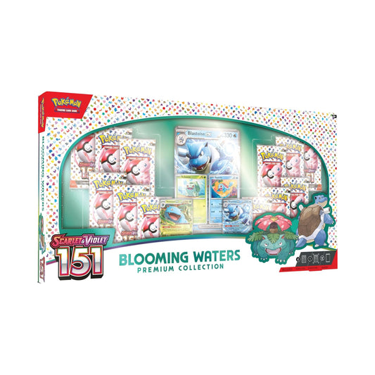 Pokemon TCG Scarlet & Violet 151 Blooming Waters Premium Collection box featuring Blastoise ex and Venusaur ex foil promo cards and booster packs