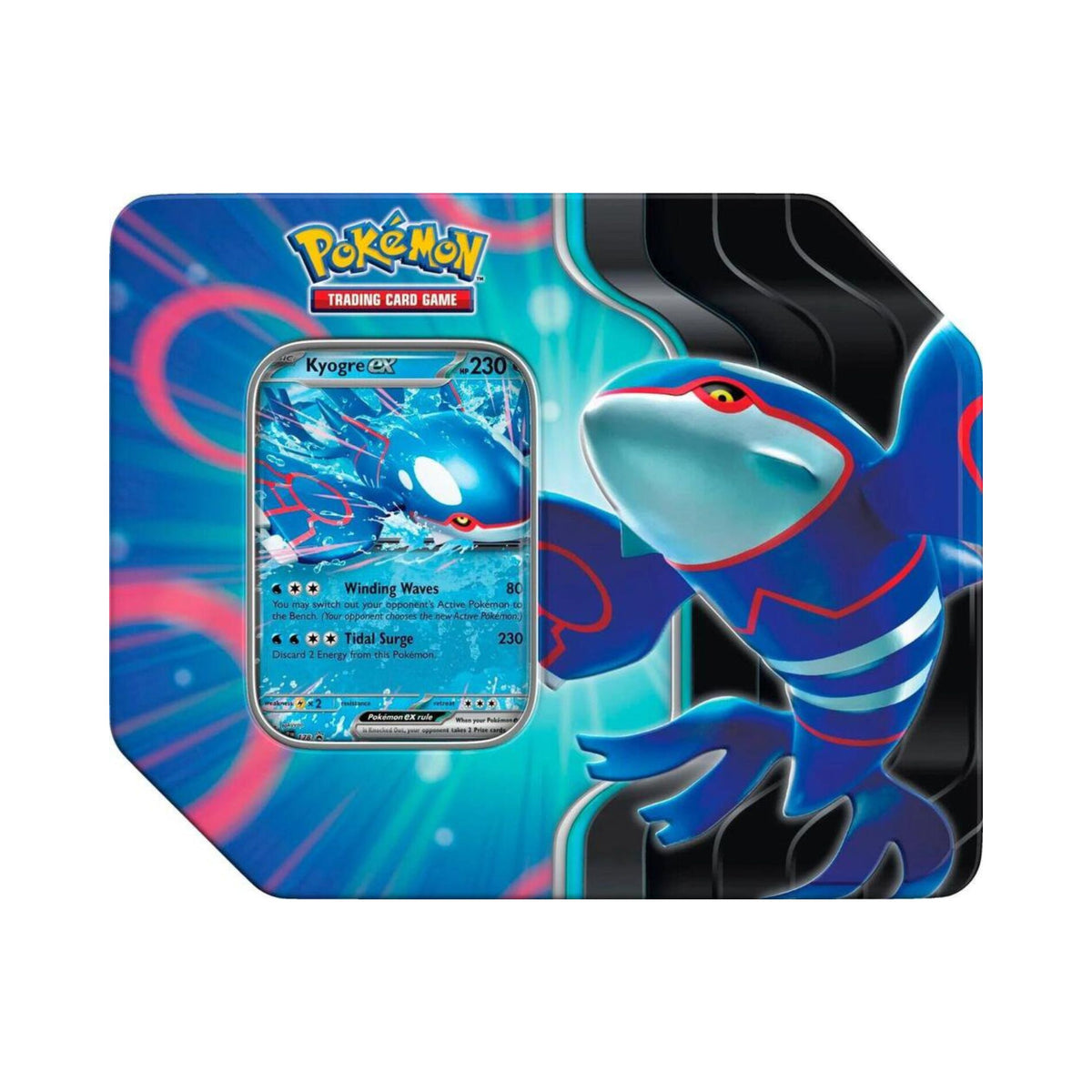 Pokemon TCG Azure Legends Tin Kyogre ex metal tin featuring Kyogre ex card and pokemon card packs.