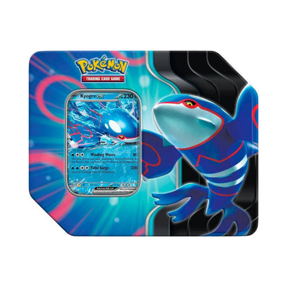 Pokemon TCG Azure Legends Tin Kyogre ex metal tin featuring Kyogre ex card and pokemon card packs.