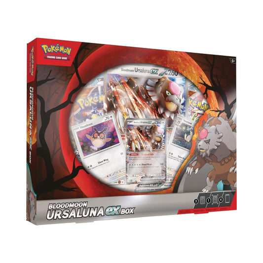 Pokemon TCG Bloodmoon Ursaluna ex Box with promo card and booster packs for pokemon trading card game collectors.