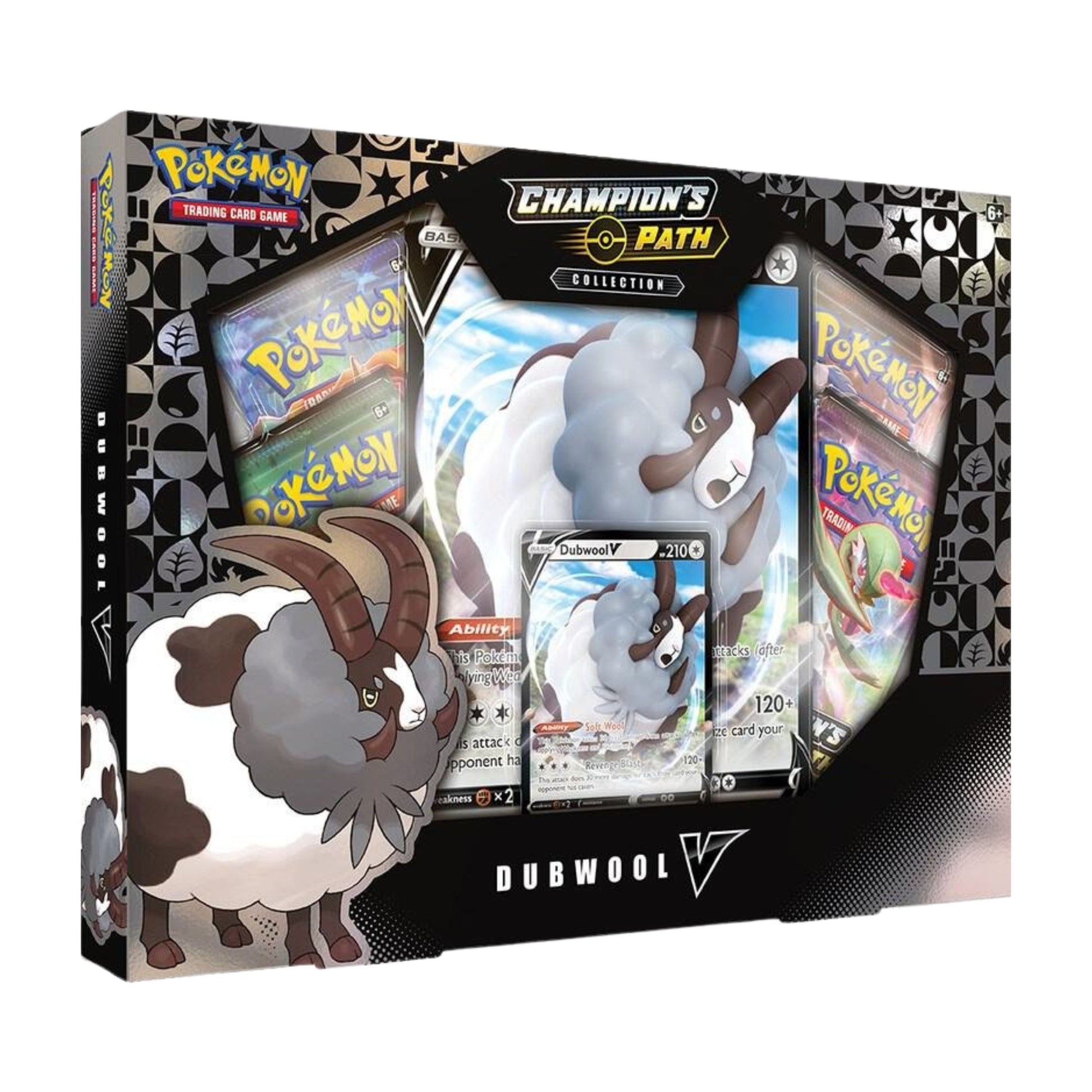 Pokemon TCG Champions Path Dubwool V Collection Box with booster packs and Dubwool V promo card.