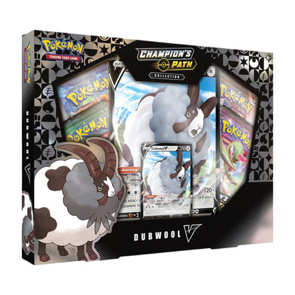 Pokemon TCG Champions Path Dubwool V Collection Box with booster packs and Dubwool V promo card.