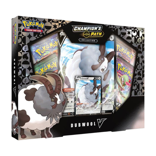 Pokemon TCG Champions Path Dubwool V Collection Box with booster packs and Dubwool V promo card.