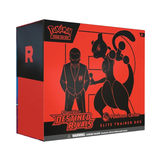 Pokemon TCG Scarlet & Violet Destined Rivals Pokemon Center Exclusive Elite Trainer Box with Team Rocket Wobbuffet artwork and included accessories.