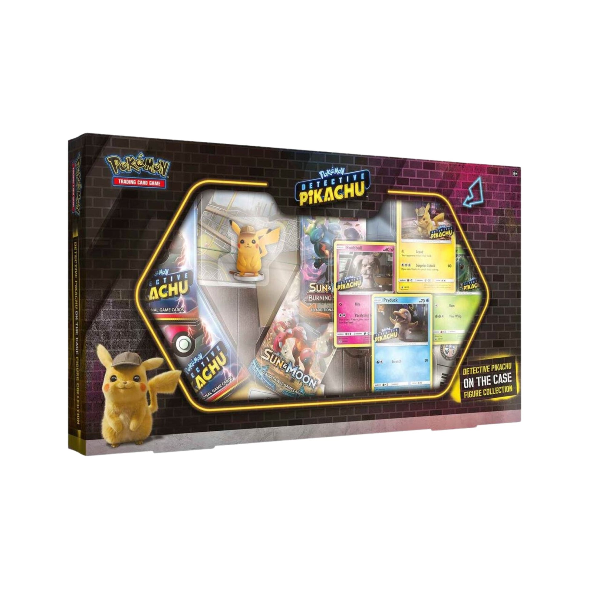 Pokemon TCG Detective Pikachu On The Case Figure Collection box featuring promo cards, Pikachu figure, and booster packs.