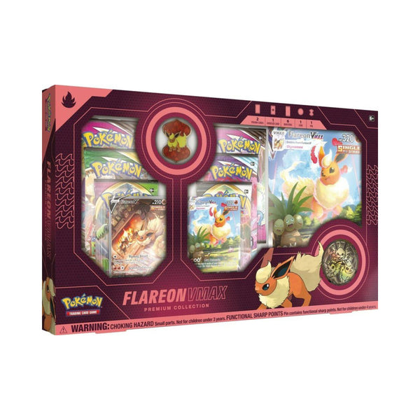 Pokemon TCG Flareon VMAX Premium Collection box with promo cards booster packs and accessories.