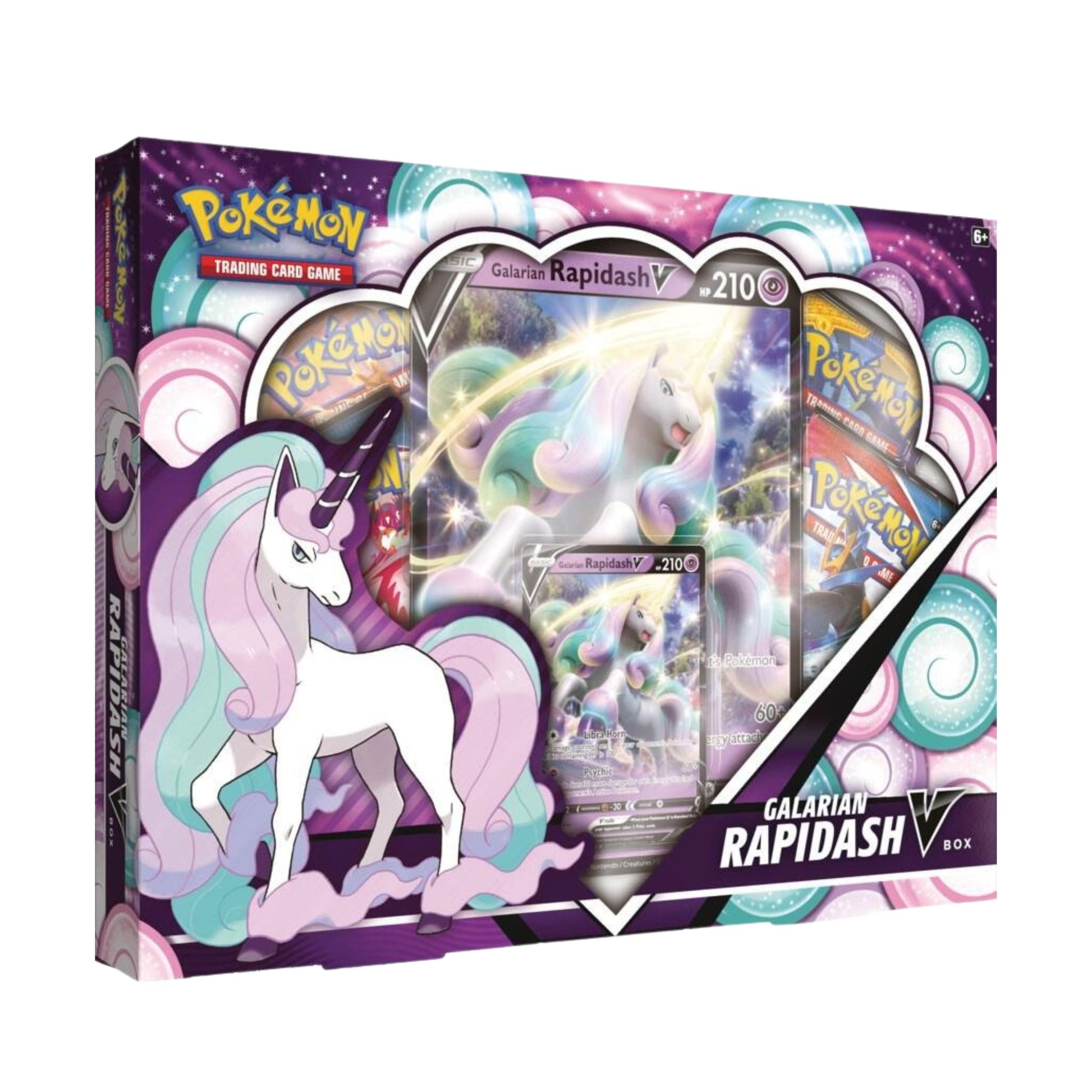 Pokémon TCG Galarian Rapidash V Box featuring promo card, jumbo card, and booster packs for Pokémon trading card fans.