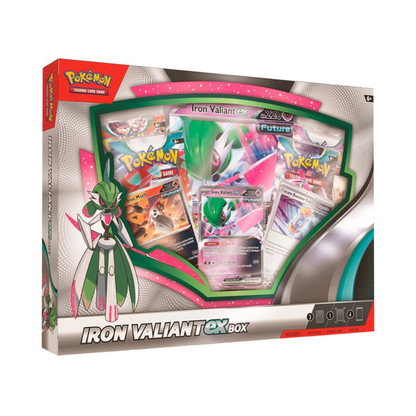 Pokemon TCG Iron Valiant ex Box featuring Iron Valiant ex promo card and pokemon trading card packs.