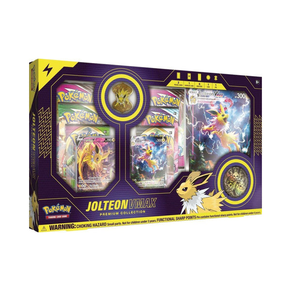 Pokemon TCG Jolteon VMAX Premium Collection box with Jolteon promo cards booster packs and accessories.