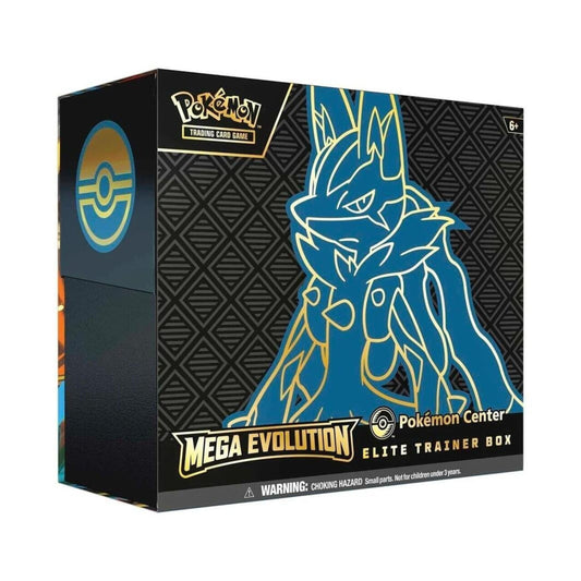 Pokemon TCG Mega Evolution Pokemon Center Elite Trainer Box Mega Lucario with booster packs, promo cards, sleeves, energy cards, dice, and collectors box.