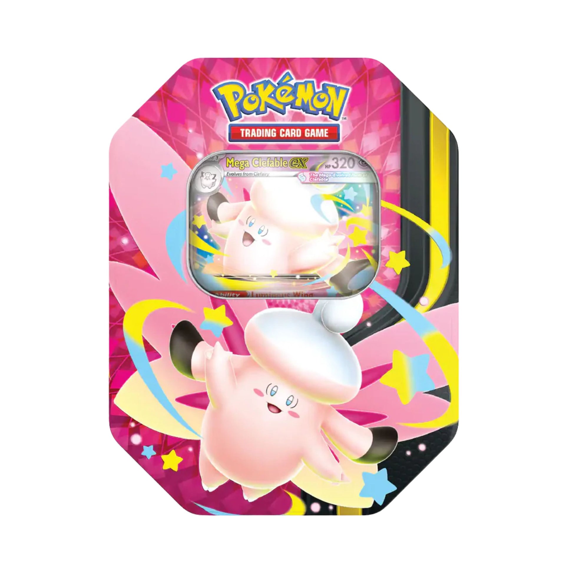 Pokemon TCG Mega Moonlit Clefable Tin with booster packs and foil promo card