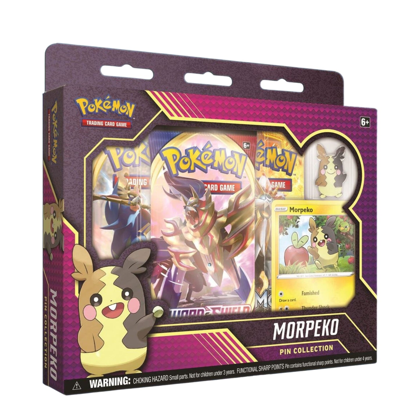 Pokémon TCG Morpeko Pin Collection box featuring Morpeko promo card, collector pin, and booster packs.