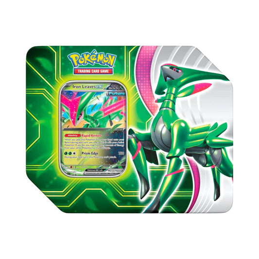 Pokemon TCG Paradox Clash Tin Iron Leaves ex with foil promo card five booster packs and reusable storage tin