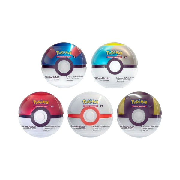Pokemon TCG Pokeball Mystery Tin with 3 booster packs and 2 sticker sheets.