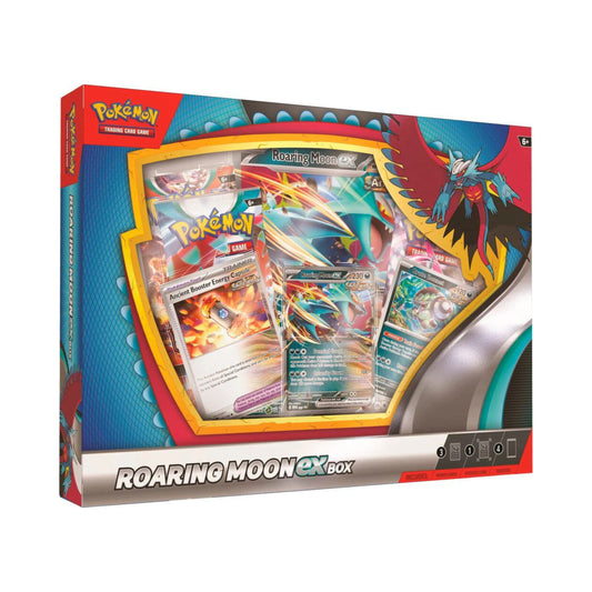 Pokemon TCG Roaring Moon ex Box with Roaring Moon ex promo card and booster packs.