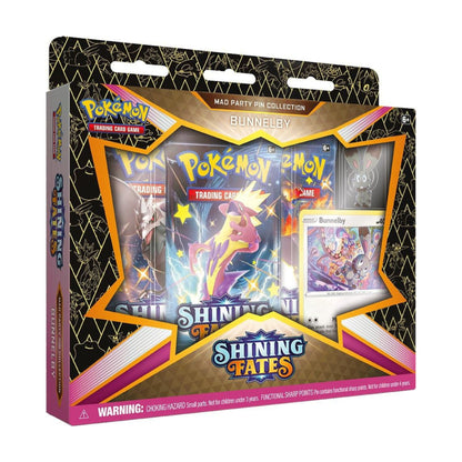 Pokemon TCG Shining Fates Mad Party Pin Collection Bunnelby sealed box with booster packs promo card and collectible pin.
