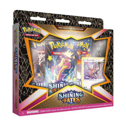 Pokemon TCG Shining Fates Mad Party Pin Collection Bunnelby sealed box with booster packs promo card and collectible pin.